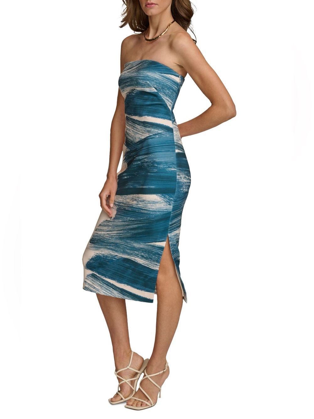 DONNA KARAN Strapless Bold Brushstroke Print Curve Slimming Sheath Dress Size 2
